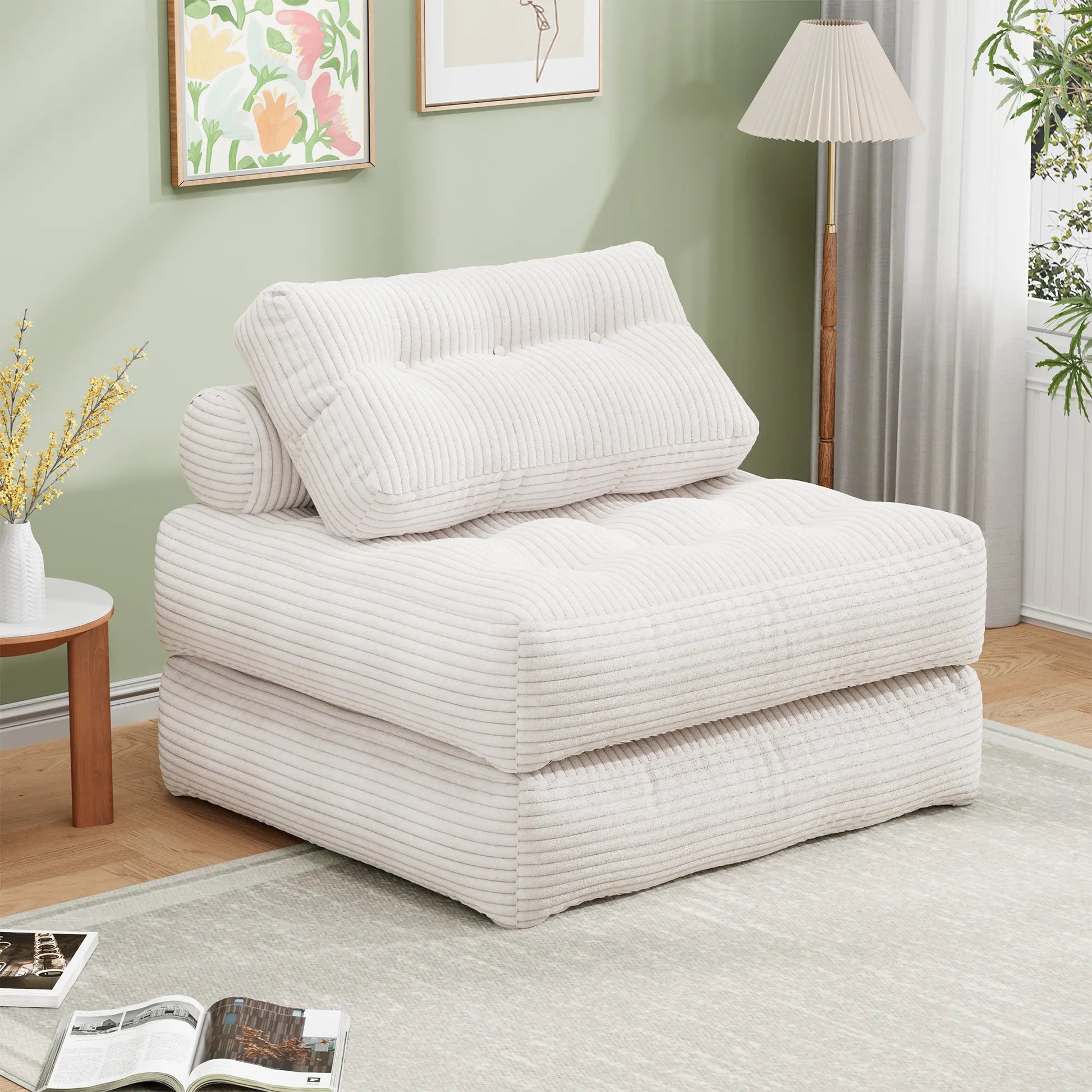 【Sweet Sofa Bed!!! 】Mr IRONSTONE Folding Sofa with Headrest, Convertible Sleeper Chair with Pillow Foldable Mattress with Back Support, Pink Gray Beige for Small Living Spaces