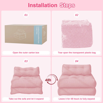 【Sweet Sofa Bed!!! 】Mr IRONSTONE Folding Sofa with Headrest, Convertible Sleeper Chair with Pillow Foldable Mattress with Back Support, Pink Gray Beige for Small Living Spaces