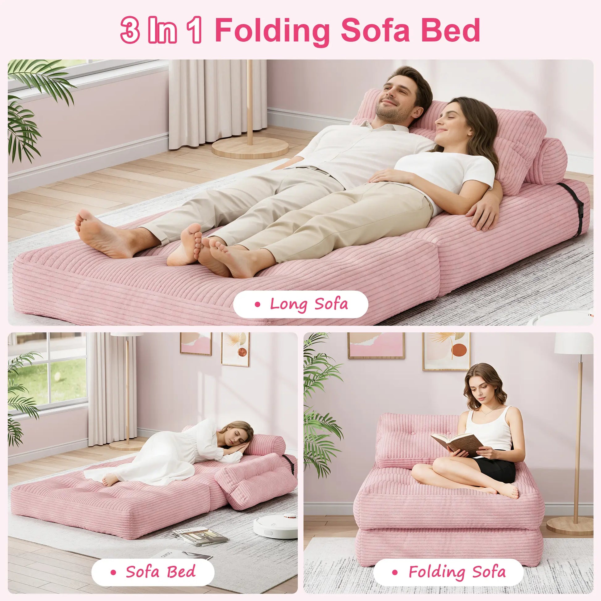 【Sweet Sofa Bed!!! 】Mr IRONSTONE Folding Sofa with Headrest, Convertible Sleeper Chair with Pillow Foldable Mattress with Back Support, Pink Gray Beige for Small Living Spaces