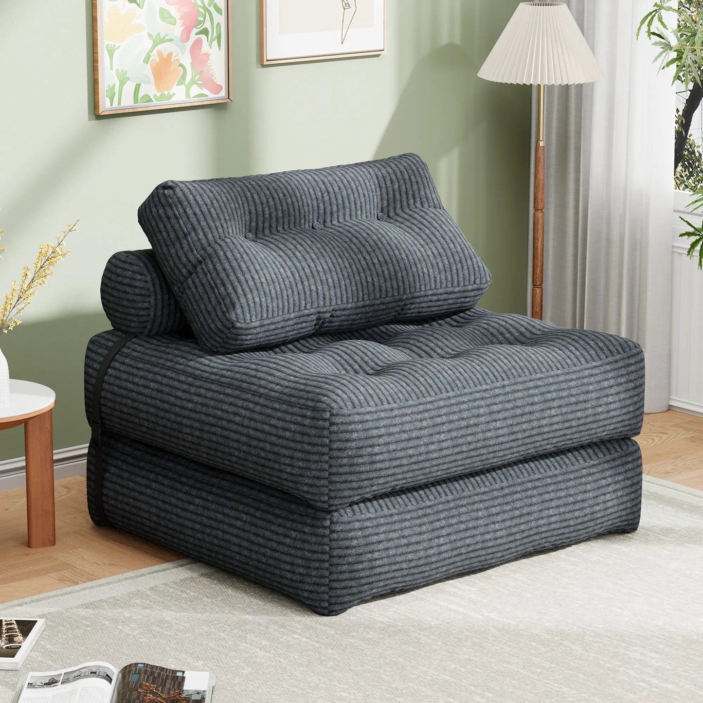 【Sweet Sofa Bed!!! 】Mr IRONSTONE Folding Sofa with Headrest, Convertible Sleeper Chair with Pillow Foldable Mattress with Back Support, Pink Gray Beige for Small Living Spaces