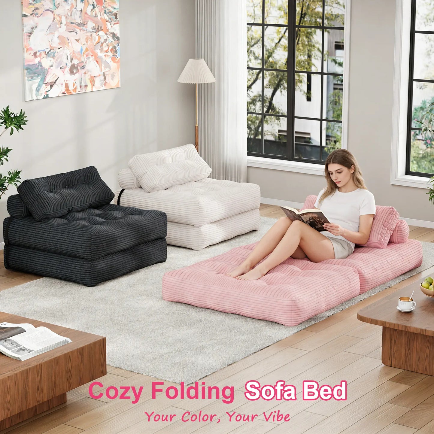 【Sweet Sofa Bed!!! 】Mr IRONSTONE Folding Sofa with Headrest, Convertible Sleeper Chair with Pillow Foldable Mattress with Back Support, Pink Gray Beige for Small Living Spaces