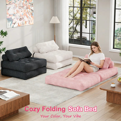 【Sweet Sofa Bed!!! 】Mr IRONSTONE Folding Sofa with Headrest, Convertible Sleeper Chair with Pillow Foldable Mattress with Back Support, Pink Gray Beige for Small Living Spaces