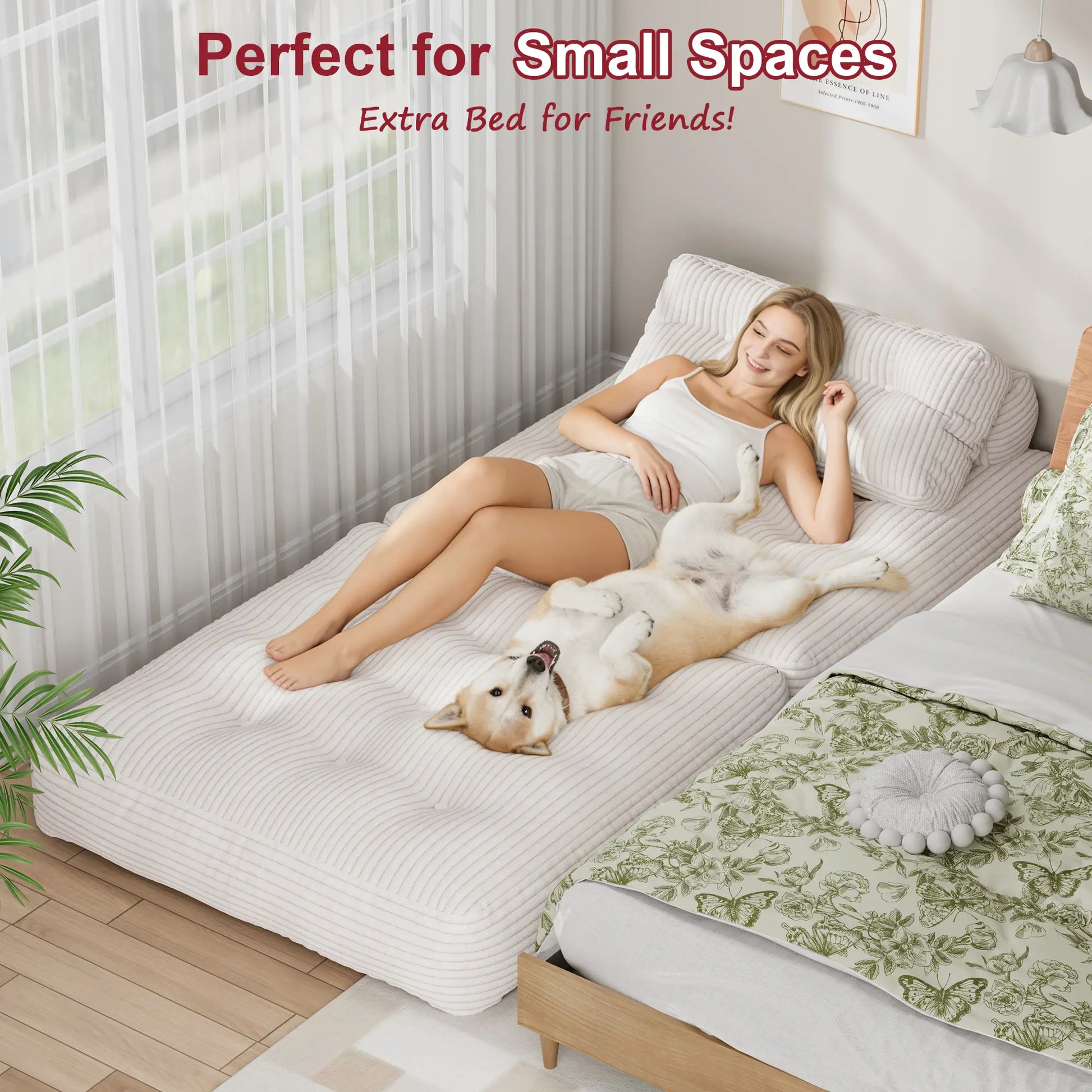 【Sweet Sofa Bed!!! 】Mr IRONSTONE Folding Sofa with Headrest, Convertible Sleeper Chair with Pillow Foldable Mattress with Back Support, Pink Gray Beige for Small Living Spaces