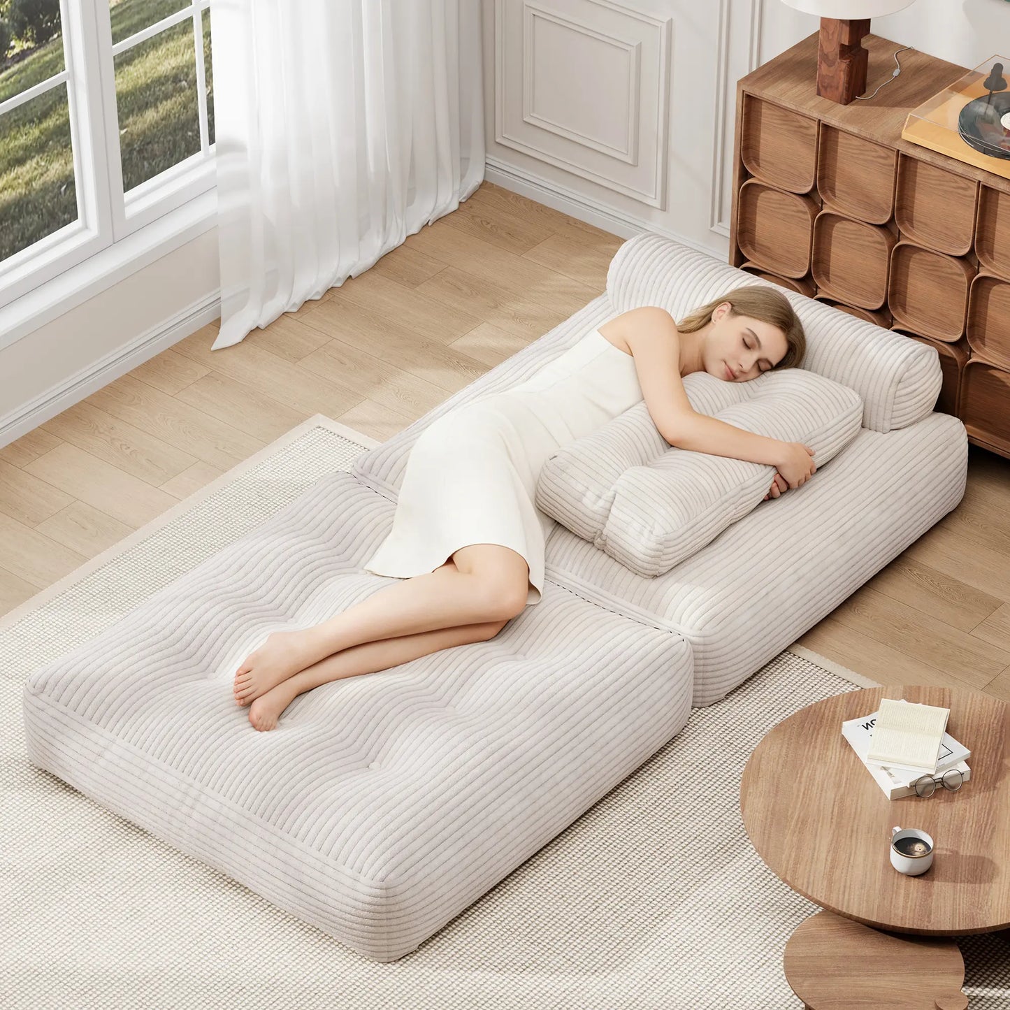 【Sweet Sofa Bed!!! 】Mr IRONSTONE Folding Sofa with Headrest, Convertible Sleeper Chair with Pillow Foldable Mattress with Back Support, Pink Gray Beige for Small Living Spaces