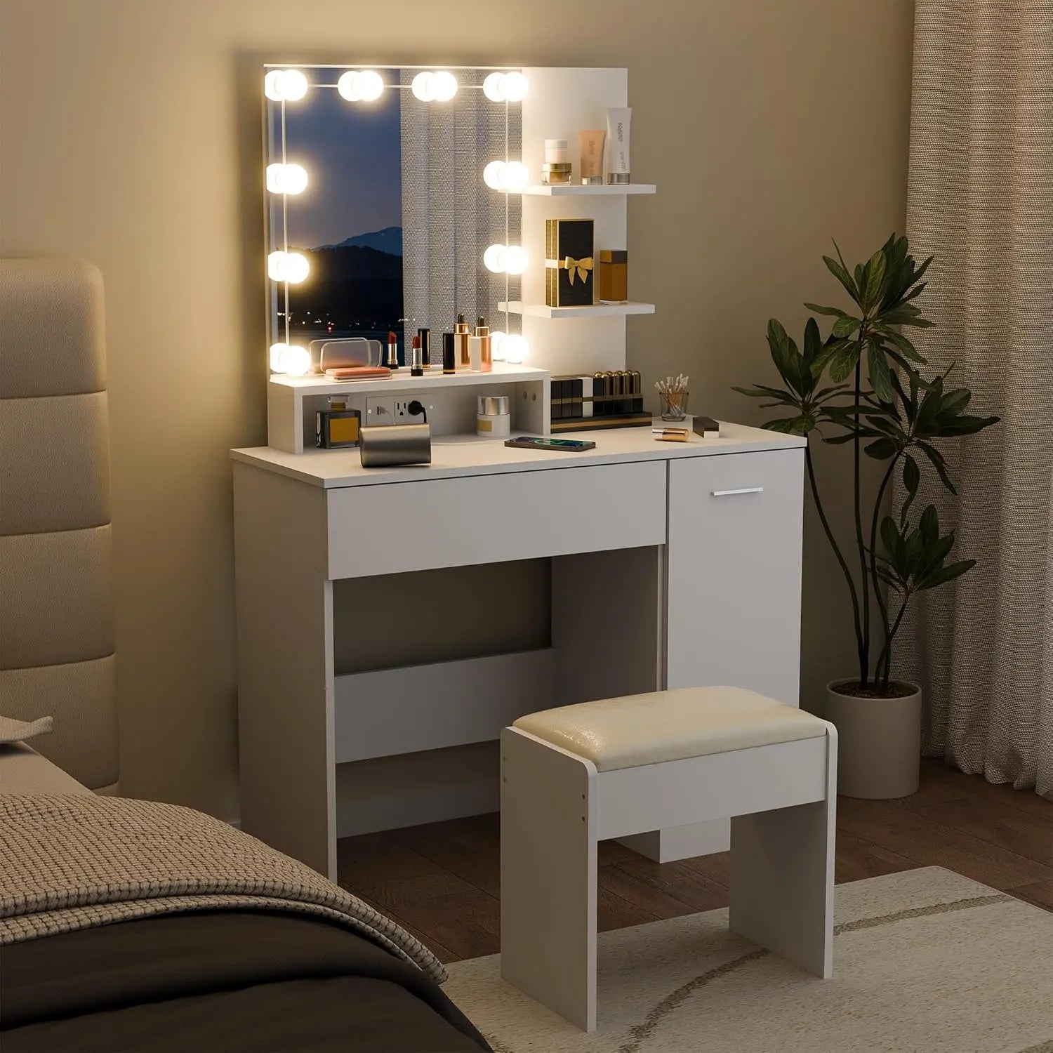 Makeup Vanity Table Set with Storage Drawers & Chair, Vanity Desk with Lights Mirror & Power Outlet, 3 Lighting Modes Adjustable Brightness, Dressing Table for Women Girls Bedroom